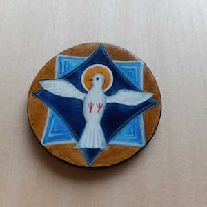 Heiliger Geist Gottes. Taube kommt vom Himmel herabgeflogen. Holz-Souvenir. Hochzeit-Souvenir Gastgeschenke Miniatur Ikone. Russisch-Orthodoxe Ikone. Handgefertigt