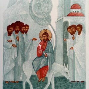 Jesus Christus beim Einzug in Jerusalem auf einem Esel. Begegnung des Heilandes durch Volk und Apostel. Griechisch Ikonenwand. Moderne Ikone. Hergestellt in der Ukraine.