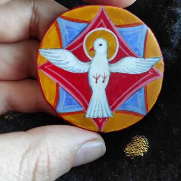 Holy Spirit of God. Descending dove. Wooden souvenir.  Miniature icon. Orthodox icon.  Handpainted icon