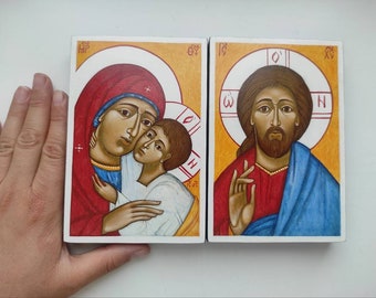 Handmade Orthodox Wedding Icon Pair, Mother of God & Jesus Christ