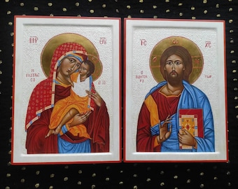 Orthodox Wedding Icons Mother of God and Pantocrator, Hand Painted Religious Gift for Couple
