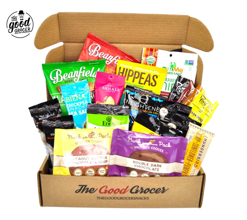 The Good Grocer college care package filled with high protein, vegan snacks