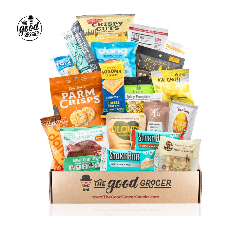 care package with assorted keto friendly food and snacks