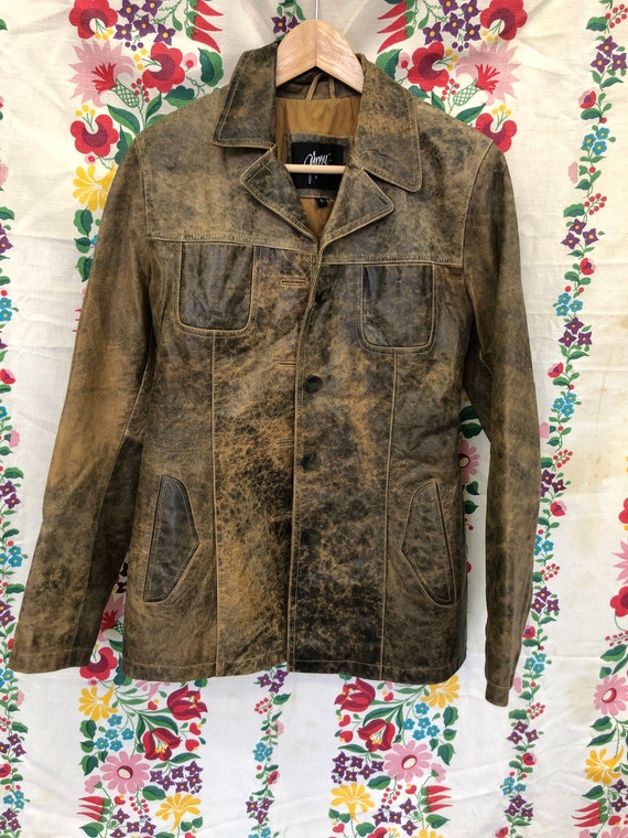 Acid wash brown leather blazer button jacket unise