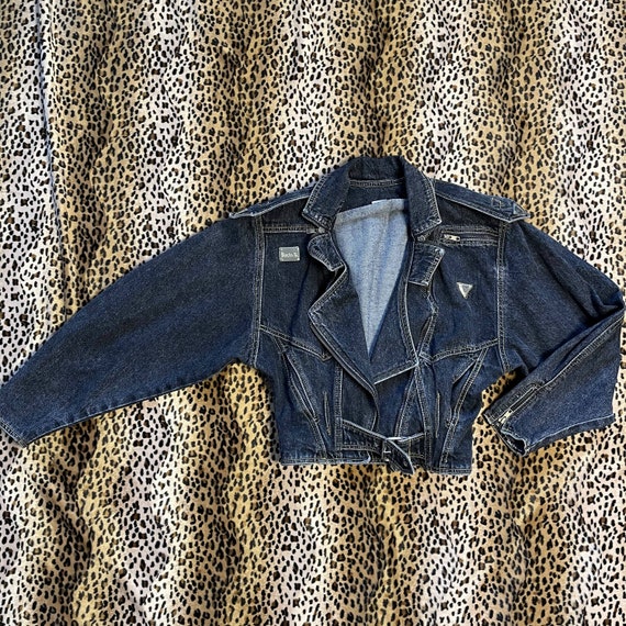 Vintage dark denim biker jacket with painted detai