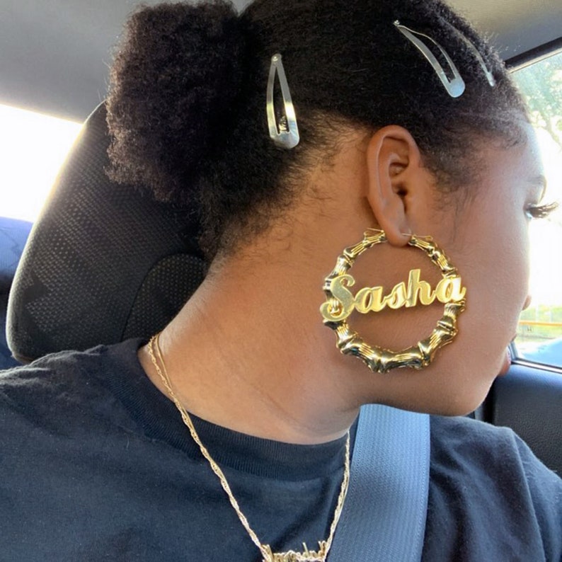 Bamboo Earrings Name Custom Name Earrings Bamboo Hoop Etsy