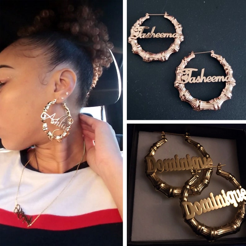 Bamboo Earrings Name Custom Name Earrings Bamboo Hoop Etsy