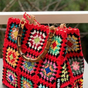 Crochet granny square bag, multi-colored granny square tiles with bamboo handles, crochet, red bag.