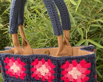 Granny square crochet bag, blue and pink granny square tiles, with bamboo handles, crochet.