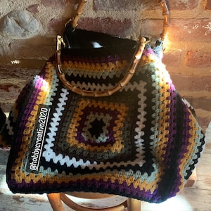 Granny square crochet bag, multicolored granny square tiles with bamboo handles, crochet bag. Winter bag.