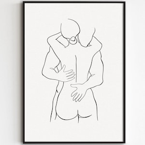 Couple Wall Art, Man And Woman Line Art, Romantic Print, Abstract love Poster For Bedroom, Hugging Couple Artwork