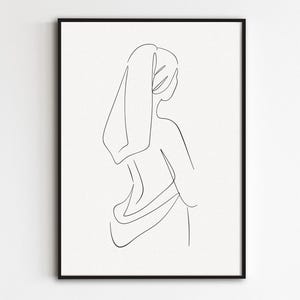Female Back Print, Bathroom Line Art, Woman In Towel Wall Art, Minimalist Bath Poster