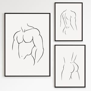 Man Wall Art Set Of 3, Male Line Art Set Of Three, Abstract Man Poster, Male Back Print, Minimalist Man Silhouette Artwork