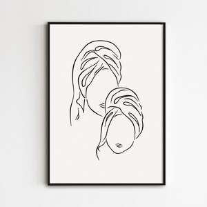 Arte lineal para baño, impresión de madre e hija, arte mural minimalista familiar, impresión de mujer con toalla, póster de madre e hijo, dibujo de maternidad