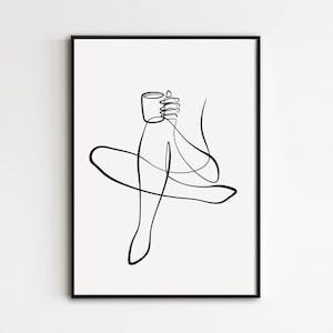 Coffee And Legs Line Art, Coffee In Hand Print, Kitchen Line Art, Morning Coffee Print, One Line Drawing, Minimalist Wall Art Printable