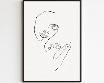 Mother and Baby Line Art, Mom And Child Drawing, Abstract Faces Sketch, One Line Print, Newborn Art, Motherhood Print, Minimal Family Poster