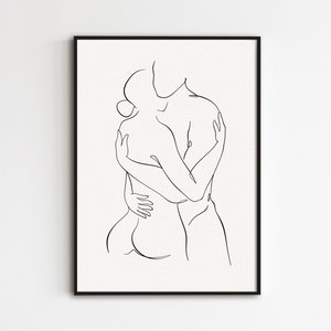 Arte lineal de pareja, dibujo lineal de abrazos, póster de hombre y mujer, arte de pared romántico abstracto, impresión de amor minimalista, obra de arte de pareja abrazándose imprimible