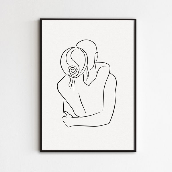 Dessin au trait couple, impression de couple qui s'embrasse, art amour minimaliste, dessin au trait amoureux câlin, art de l'étreinte, art de la chambre romantique, poster homme et femme