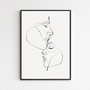 Paar Gesichter Linie Kunst, Abstrakte Gesichter Druck, Minimalistische Kuss Kunst, Abstrakte Liebe Kunst, Paar Linie Zeichnung, Romantische Wandkunst für Schlafzimmer