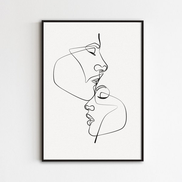 Couple Faces Line Art, Abstract Faces Print, Minimalist Kiss Art, Abstract Love Art, Couple Line Drawing, Romantic Wall Art For Bedroom