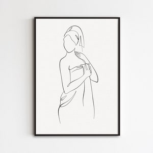 Woman In Bathroom Line Art, Abstract Female Figure In Towel Print, Minimalist Feminine Poster, Bath Room Wall Art, Naked Woman Body Drawing