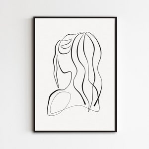 女性の背中の線画、ロングヘアの女性のプリント、ミニマリストの女性像のアート、抽象的な女の子のポスター、一線画、印刷可能な壁アート