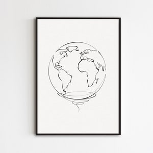 Impression carte du monde, dessin au trait de voyage, art minimaliste des globes terrestres, dessin au trait continu, dessin abstrait de la carte, affiche d'art en une ligne, impression voyageur
