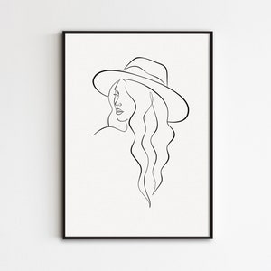 Woman In Cowboy Hat Line Art, Bohemian Woman Line Drawing, Female Figure Outline Poster, Feminine Wall Art, Simple Printable Artwork