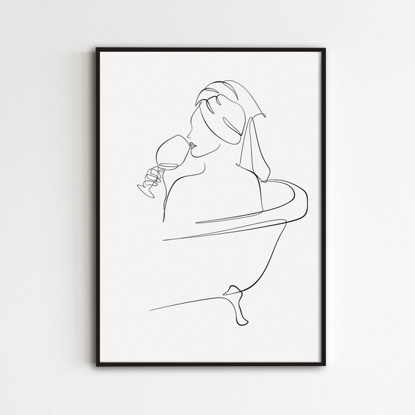 Woman In Bathtub Art, Woman In Towel Print, Woman Drinking Wall Art, Bathroom Line Art, Abstract Female Drawing, Minimalist Feminine Poster