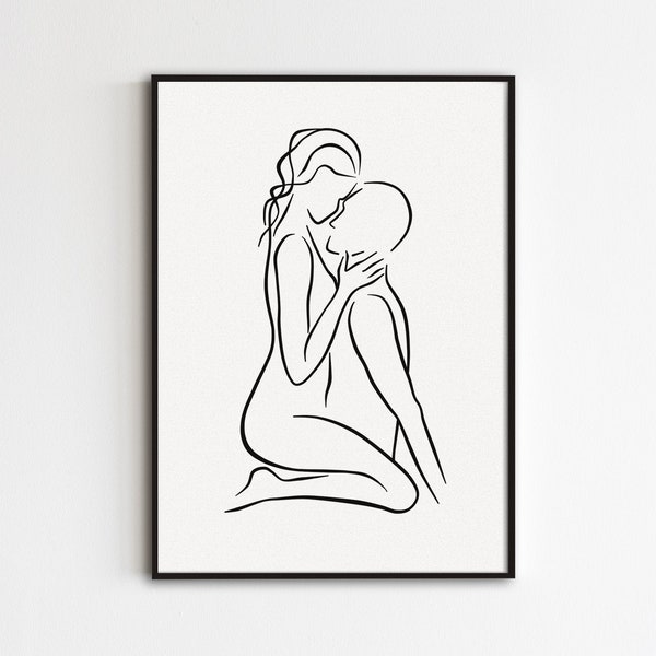 Couple Line Art, Abstract Hugging Drawing, Minimalist Love Print, Man And Woman Poster, Romantic Bedroom Wall Artwork, Relationship Outline