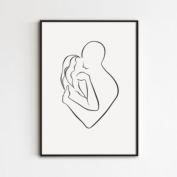 Couple Line Art, Hugging Line Drawing, Abstract Couple Art, Minimalist Love Art, Kissing Print, Romantic Kiss Wall Art, Man And Woman Poster