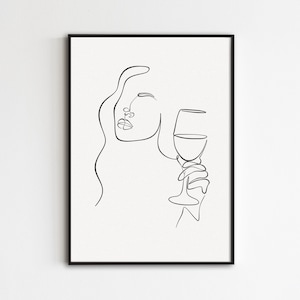 Vrouw en glas zeer fijne tekeningen, abstracte gezichtsafdruk, cocktaillijntekening, minimalistische keukenkunst, hand met drankje poster, vrouwelijke drinkkunst