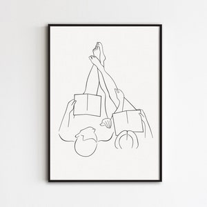 Arte lineal de pareja leyendo, impresión de pareja y libro, póster de hombre y mujer, arte mural para amantes de los libros, dibujo minimalista de libros, obra de arte para amantes de los libros