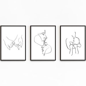 Paar Line Art 3er Set, romantische Wandkunst für Schlafzimmer, Mann und Frau Kunst, Pinky Versprechen Druck, Abstrakte Gesichter Poster, Minimalistische Liebe Kunst