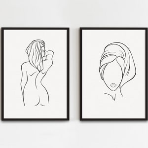 Bathroom Line Art Set Of 2, Woman In Towel Art, Minimalist Bath Poster, Female Back Line Drawing, Abstract Body Art, Dressing Room Wall Art