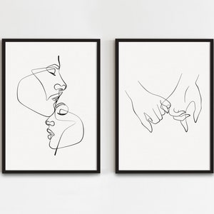 Ensemble de 2 dessins au trait couple, impression main dans la main, dessin au trait de visages de couple, affiche pinky jure, art mural minimaliste romantique, lot de deux