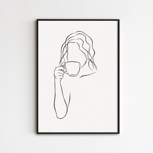 Coffee Line Art, Morning Coffee Print, Minimalist Kitchen Poster, Food Line Drawing, Abstract Drink Wall Art, Hand Holding Coffee Cup Print