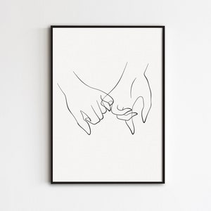 Impresión de promesa de meñique, arte de jurar con meñique, arte lineal de manos tomadas, dibujo de manos de pareja, póster minimalista de manos, arte mural abstracto imprimible