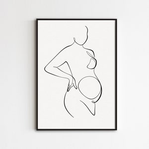 Arte lineal de mujer embarazada, dibujo lineal de embarazo, impresión de mamá y bebé, póster minimalista de madre e hijo, ilustración abstracta del contorno del cuerpo femenino