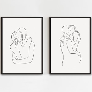 Paar Küssen Linie Zeichnung 2er-Set, Verliebtes Paar Kunst, Umarmung Line Art, Umarmende Paar Kunst, Mann und Frau Poster, Abstrakte Liebhaber Kunstwerk