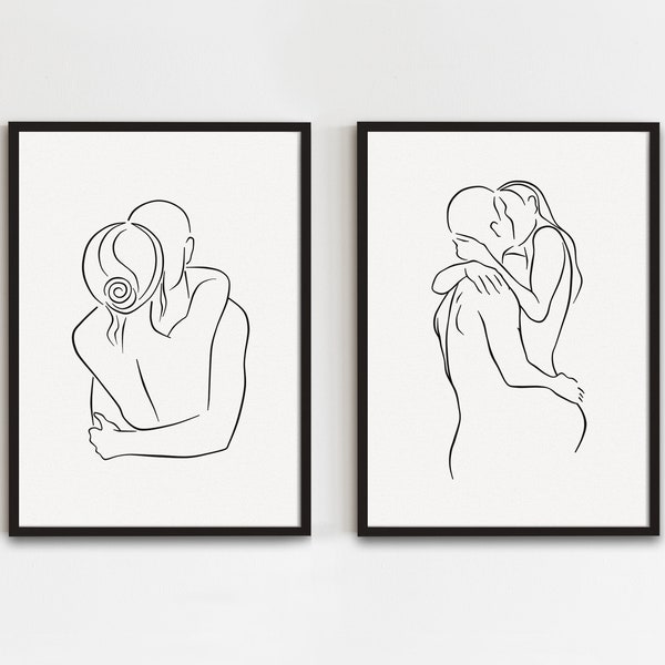 Couple Kissing Line Drawing Set Of 2, Couple In Love Art, Hug Line Art, Hugging Couple Art, Man And Woman Poster, Abstract Lovers Artwork
