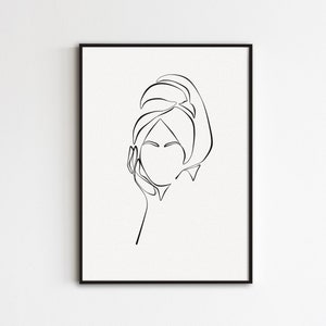 Woman In Towel Print, Bathroom One Line Art, Towel On Head Poster, Hand On Face Line Drawing, Minimalist Bathroom Art, Abstract Face Print