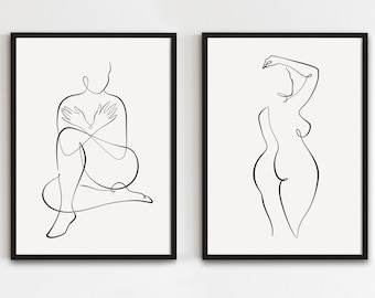 Woman Body One Line Art Set Of 2, Female Back Line Drawing, Abstract Figure Print, Curvy Woman Wall Art Printable, Body Positive Poster