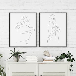 Woman In Bathroom Wall Art Set Of 2, Woman In Towel Prints, Woman In Bathtub Poster, Abstract Female Silhouette Line Art Set Of Two
