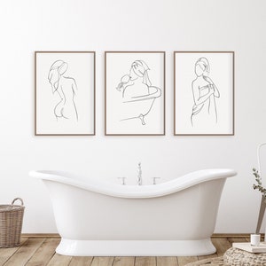 Woman In Bathroom Line Art Set Of 3, Woman In Towel Wall Art Set Of Three, Female Silhouette Prints, Minimalist Bath Room Poster