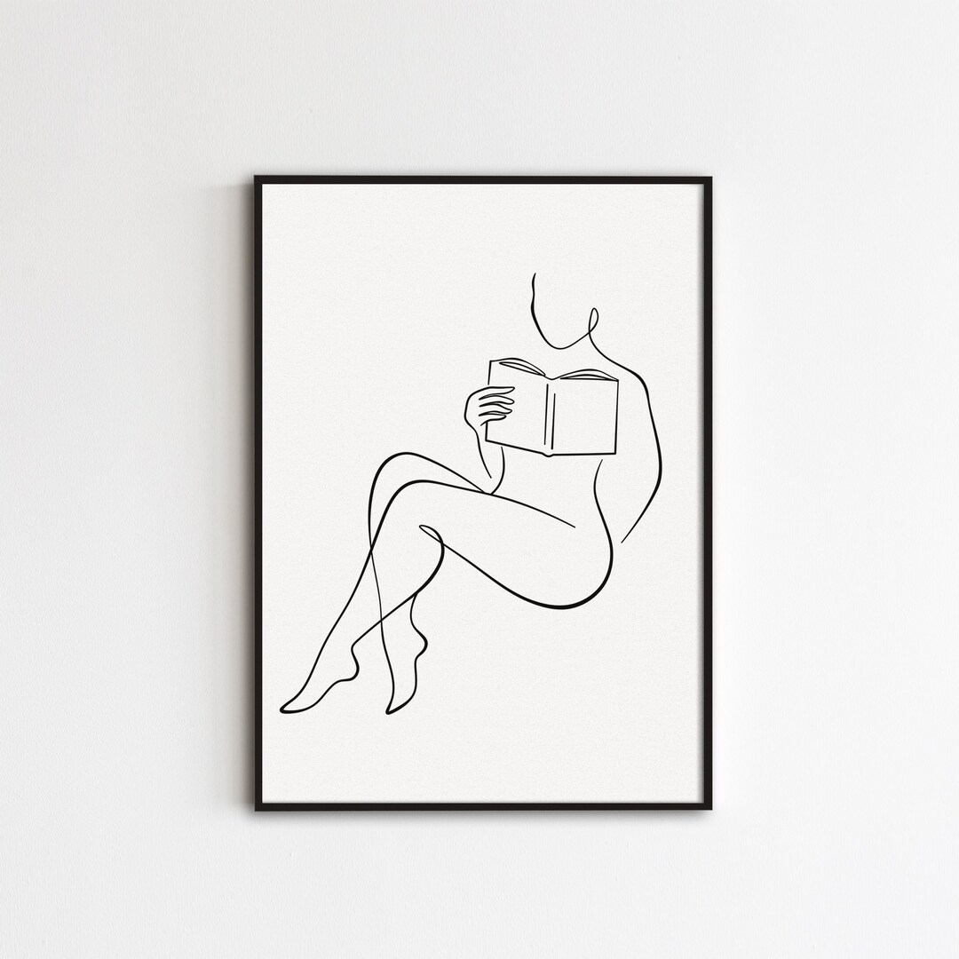 Woman Reading A Book Line Art, Abstract Female Figure Print, Reading ...