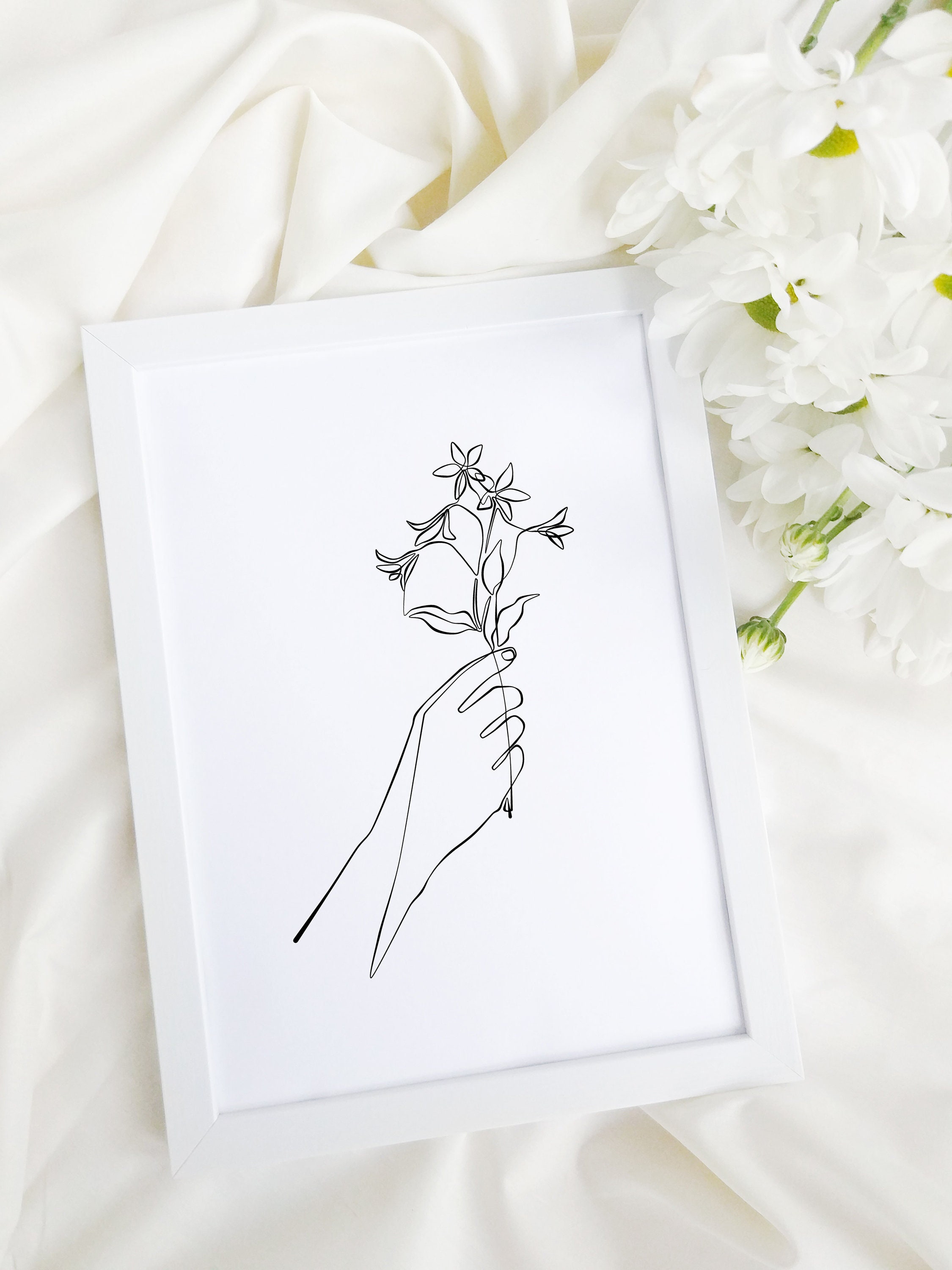 野花と手描きの線画、植物の線画、ミニマリストの花のアート