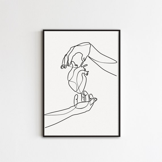 Romantic Holding Hands Outline Drawing Loving Couple On Wood Print