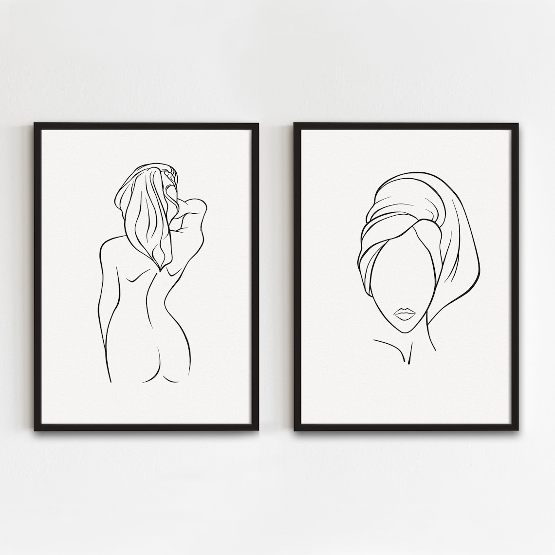 Bathroom Line Art Set of 2 Woman in Towel Art Minimalist - Etsy