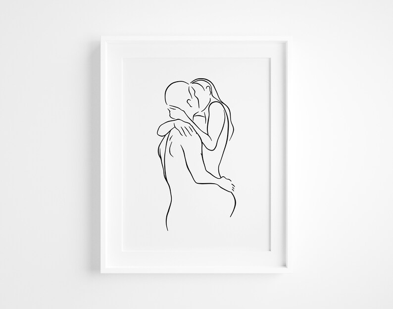 Abstract Kiss Line Art Couple Hug Wall Print Kissing Line Etsy